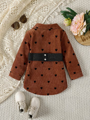Girls' Lace Up Waist Button Down Corduroy Jacket Coat With Hearts Printed
