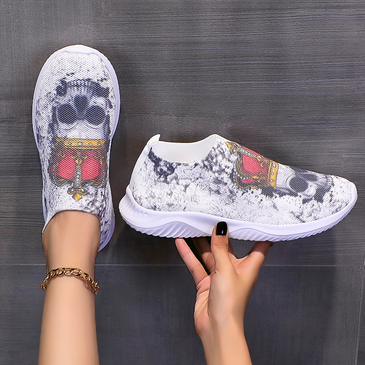 Skull Print Platform Sneakers Slip On Outdoor Shoes