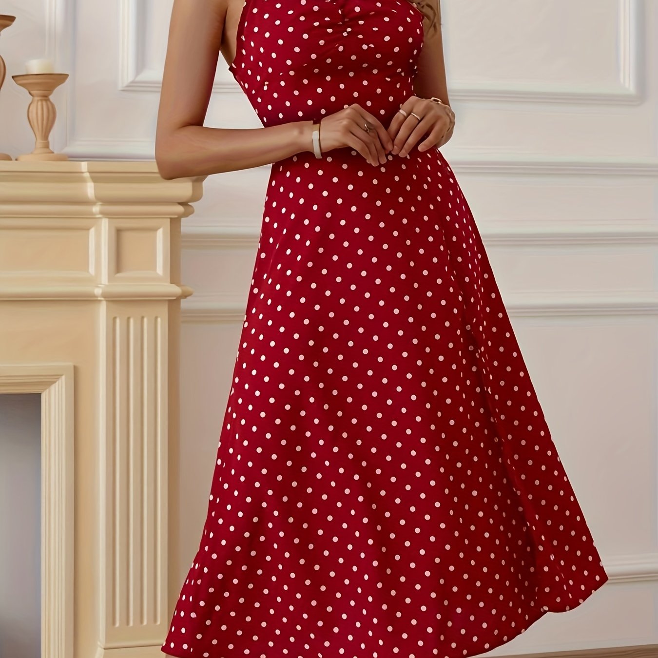 Polka Dot Split Thigh Dress Ruched Thick Strap Sexy Women's Clothing
