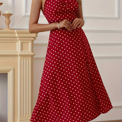 Polka Dot Split Thigh Dress Ruched Thick Strap Sexy Women's Clothing
