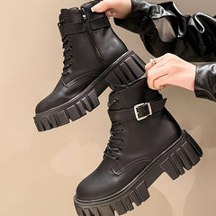 Women's Platform Combat Boots Lace Up Buckle Side Zipper Fashion Boots