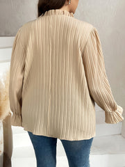 Solid Ribbed Bell Sleeve Blouse Mock Neck Top