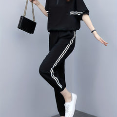 Striped Print Zipper Front T-shirt & High Waist Set