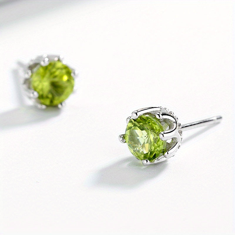 Olive Stone Stud Earrings 925 Silver Green Crystal Ear Jewelry