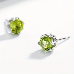 Olive Stone Stud Earrings 925 Silver Green Crystal Ear Jewelry