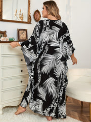 Boho Cover Up Women's Plus Chain & Tropical Print Batwing Sleeve V Nec