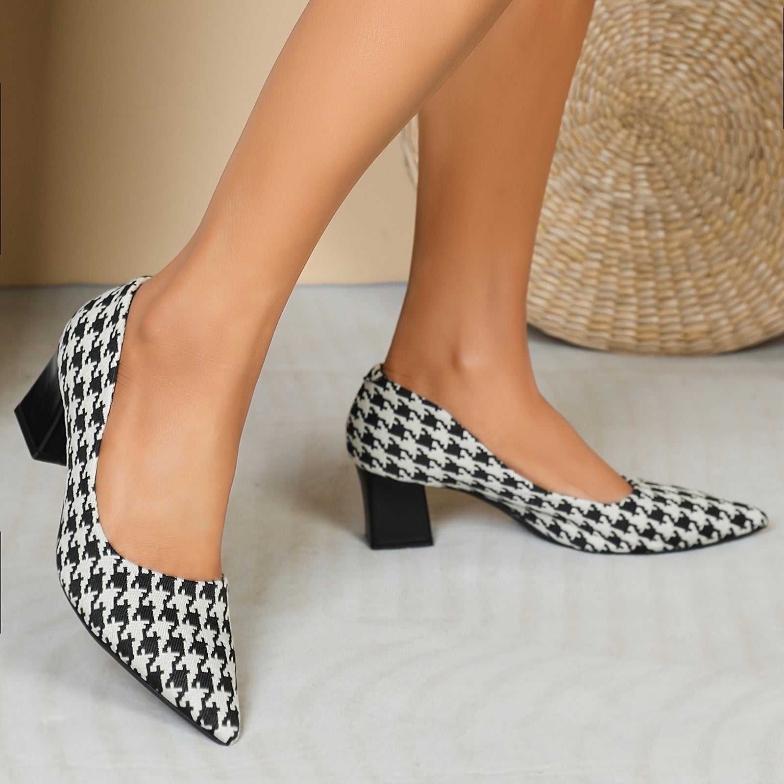 Women's Houndstooth Chunky High Heels Slip On Pumps