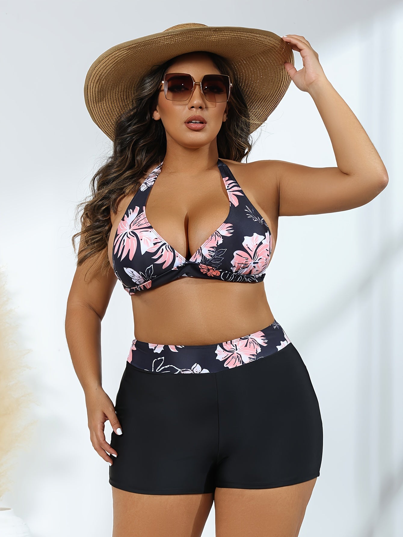 Retro Bikini Set Floral Print Halter Bra & Shorts Swimsuit