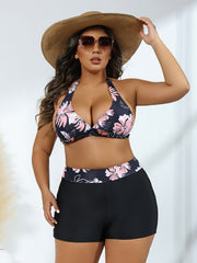 Retro Bikini Set Floral Print Halter Bra & Shorts Swimsuit