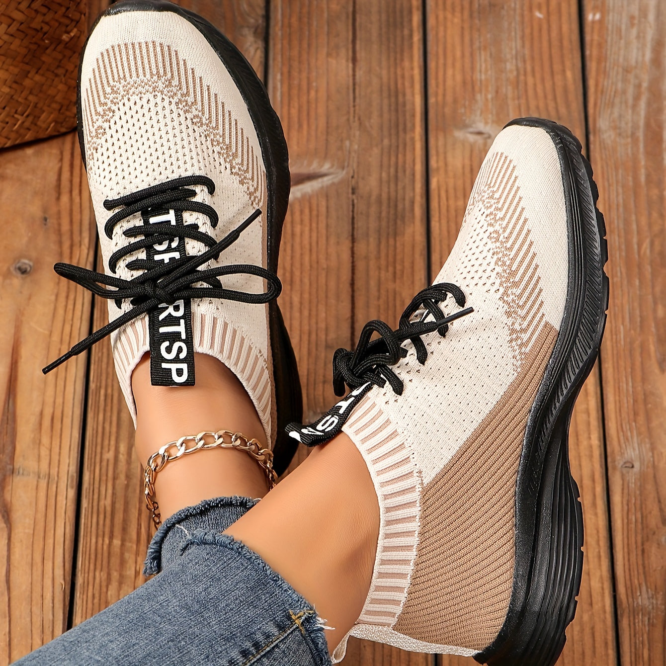 Women's Knit Lace Up Sports Sneakers Non Slip Walking Shoes