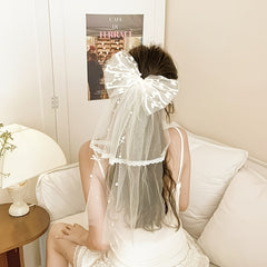 Double Layer Lace Bridal Veil with Large Satin Bow