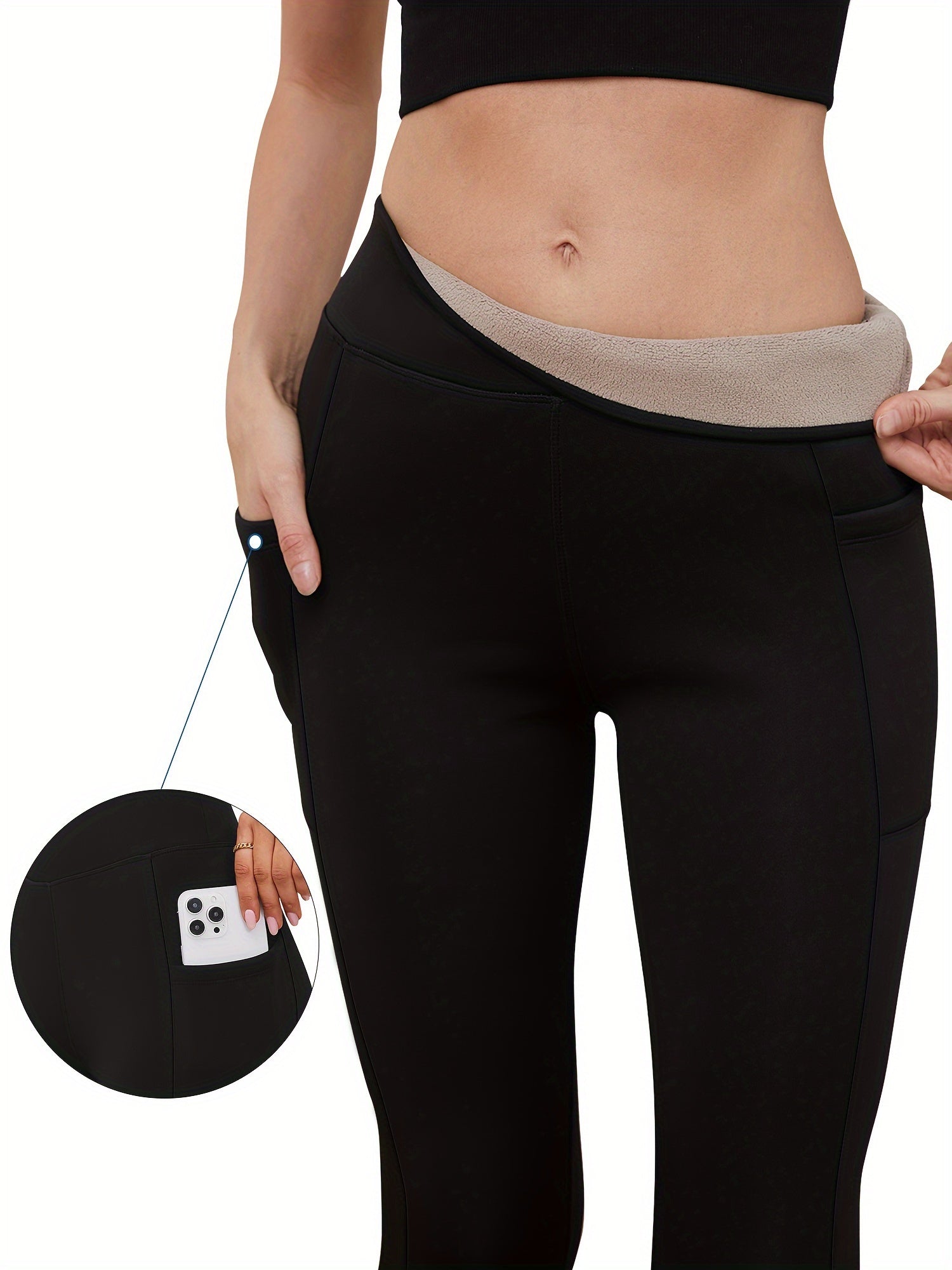High Waist Fleece Liner Yoga Pants Side Pocket Slimming Yoga Leggings