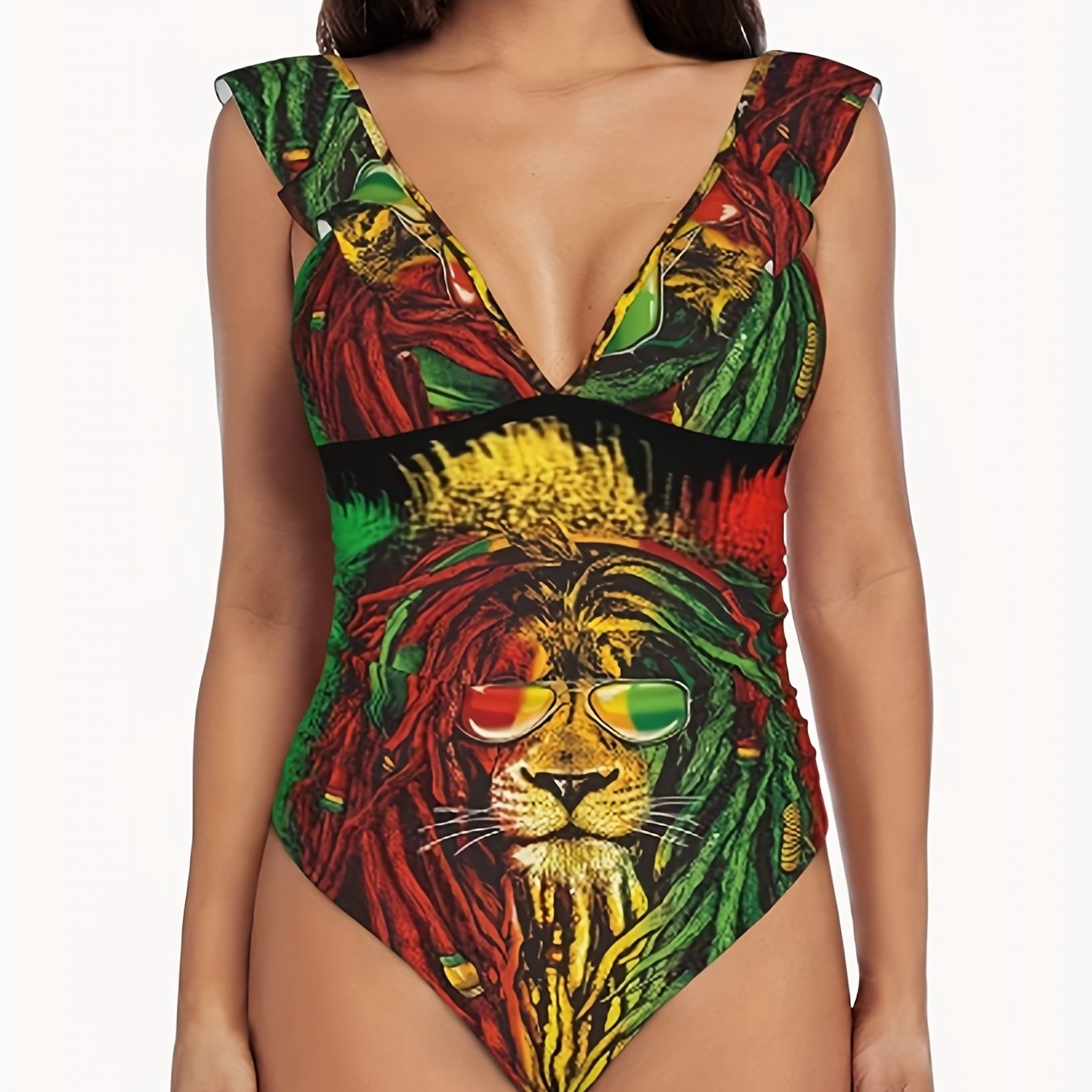 Lion Print Deep V Neck One Piece Swimsuit