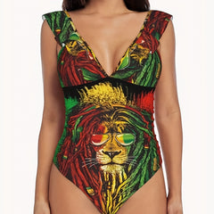 Lion Print Deep V Neck One Piece Swimsuit