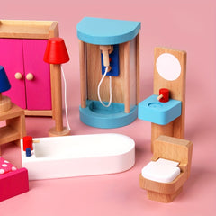 Wooden Children's Bedroom Decor Toy 7pcs Realistic Dollhouse Family Room Set