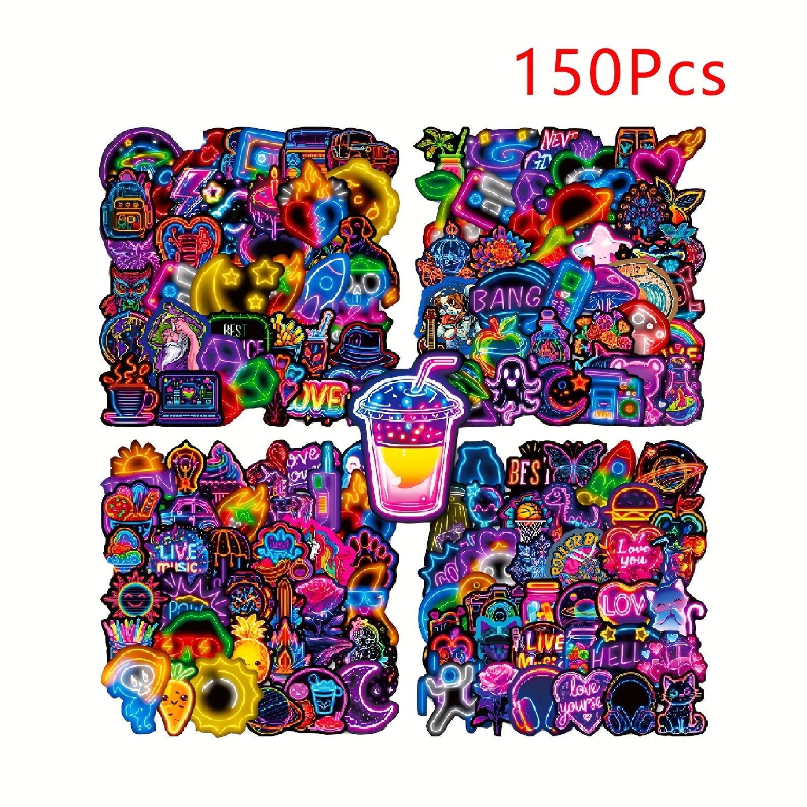 150 Mixed Cartoon Stickers Waterproof Colorful Graffiti Neon