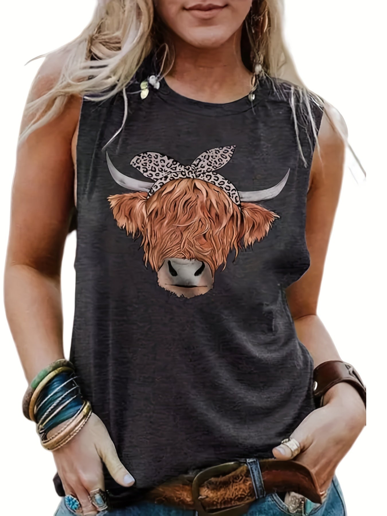 Cow Head Print Crew Neck Tank Top Sleeveless Casual Summer Women's Top