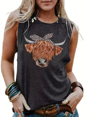 Cow Head Print Crew Neck Tank Top Sleeveless Casual Summer Women's Top