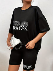 Letter Print Matching Two piece Set Casual T-shirt & Biker Shorts