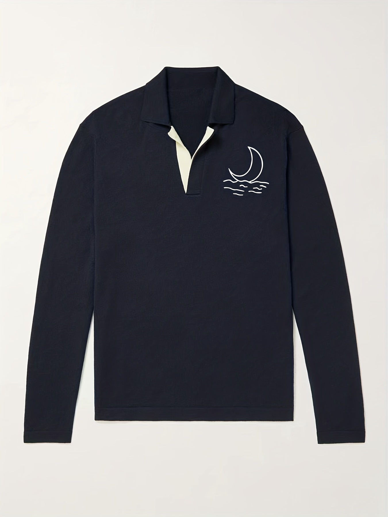 Moon Pattern Knit Polo Shirt Men's Casual Lapel Stretch V Neck Pullover