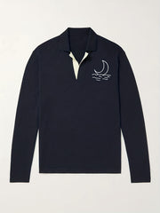 Moon Pattern Knit Polo Shirt Men's Casual Lapel Stretch V Neck Pullover