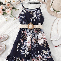 Girls Flowers Print Cami Jumpsuit Rompers With Belt