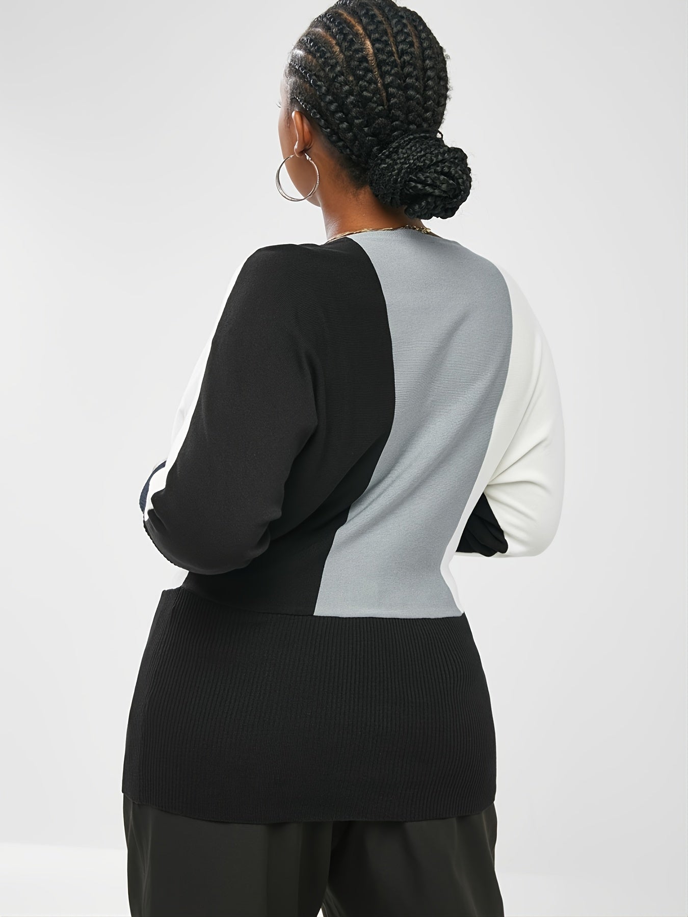 Colorblock Batwing Sleeve Sweater Plus Size Long Sleeve Round Neck Sweater