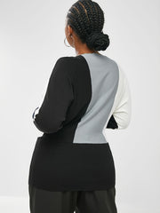 Colorblock Batwing Sleeve Sweater Plus Size Long Sleeve Round Neck Sweater