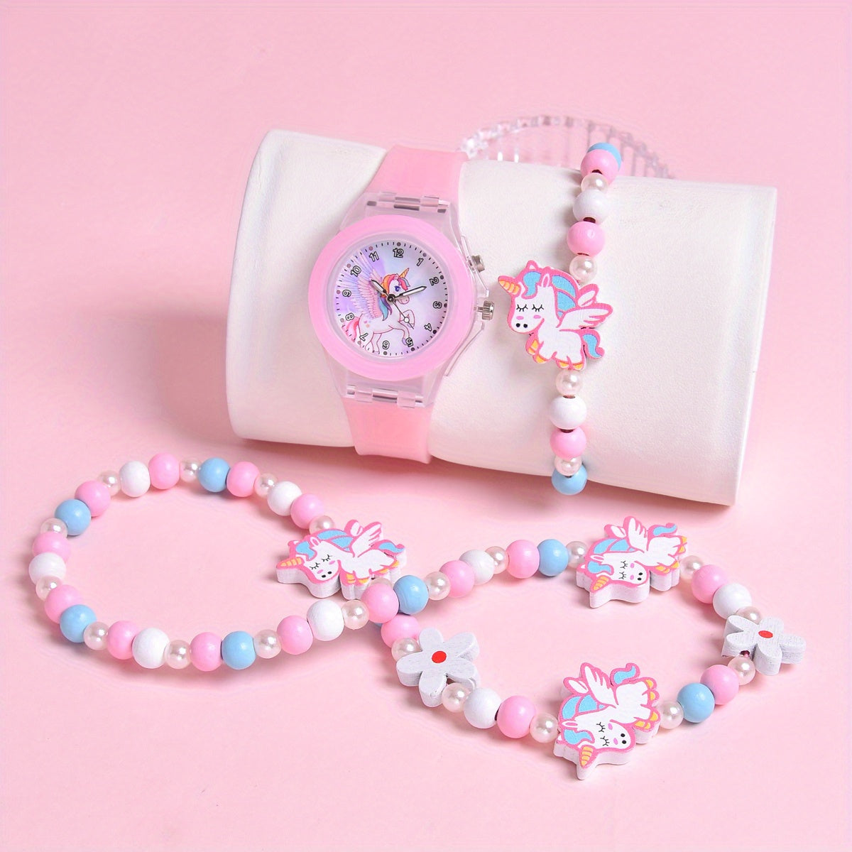 Girls' Pony Watch Set Soft Silicone Strap Luminous Quartz Wristwatch
