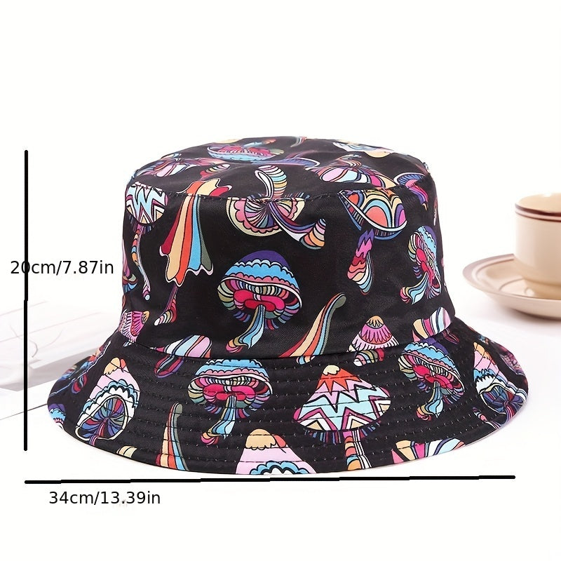 Cartoon Mushroom Print Bucket Hat Basin Hat Unisex Lightweight Fisherman Cap