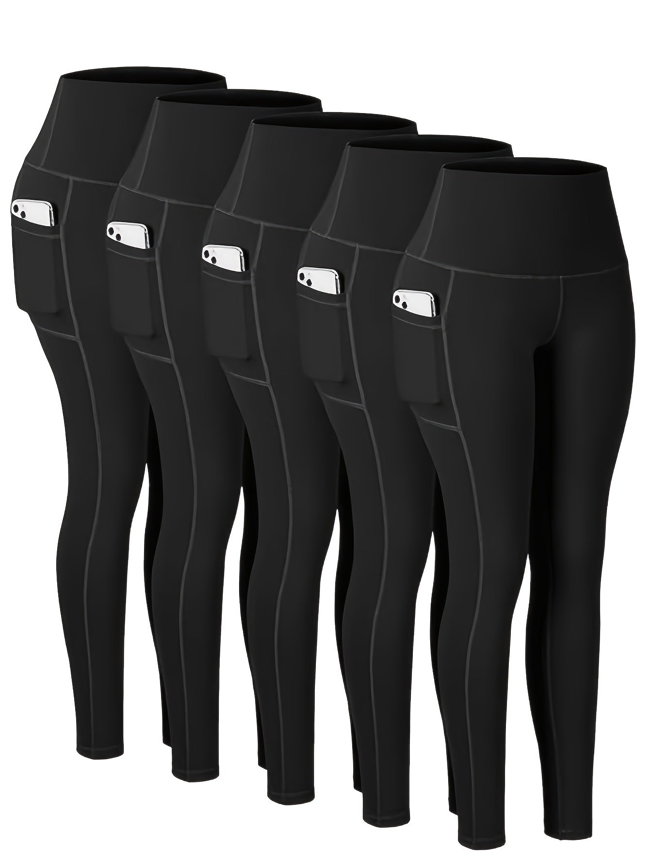 5 Pack Plus Size Sports Leggings Set Women's Plus Stitching Wide Waistband