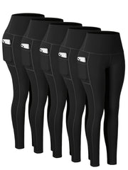 5 Pack Plus Size Sports Leggings Set Women's Plus Stitching Wide Waistband