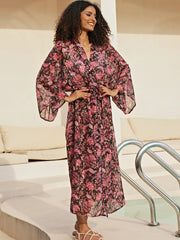 Floral Print Long Sleeve Plus Size Boho Cover Up Dress