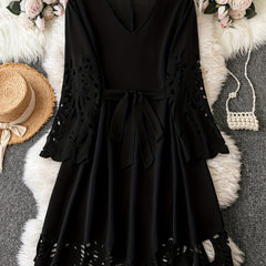 Casual Dress Laser Cut Out 3/4 Sleeve A-line