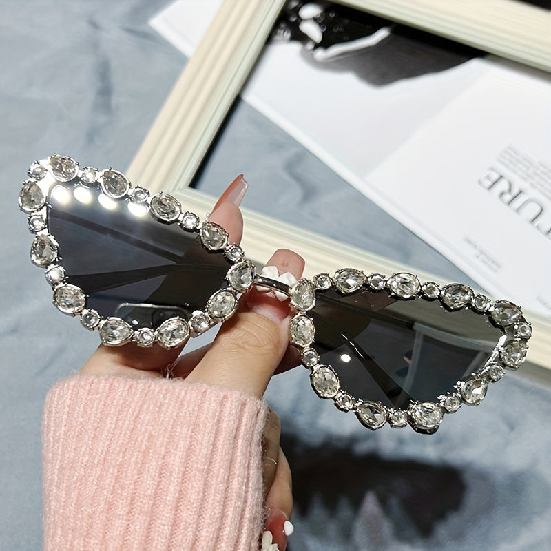 Rhinestone Cat Eye Sunglasses Gradient Metal Glasses UV400