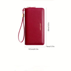 Leather Women'S Wallet with Double Zipper Wrist Strap in Brown and Dark Gray