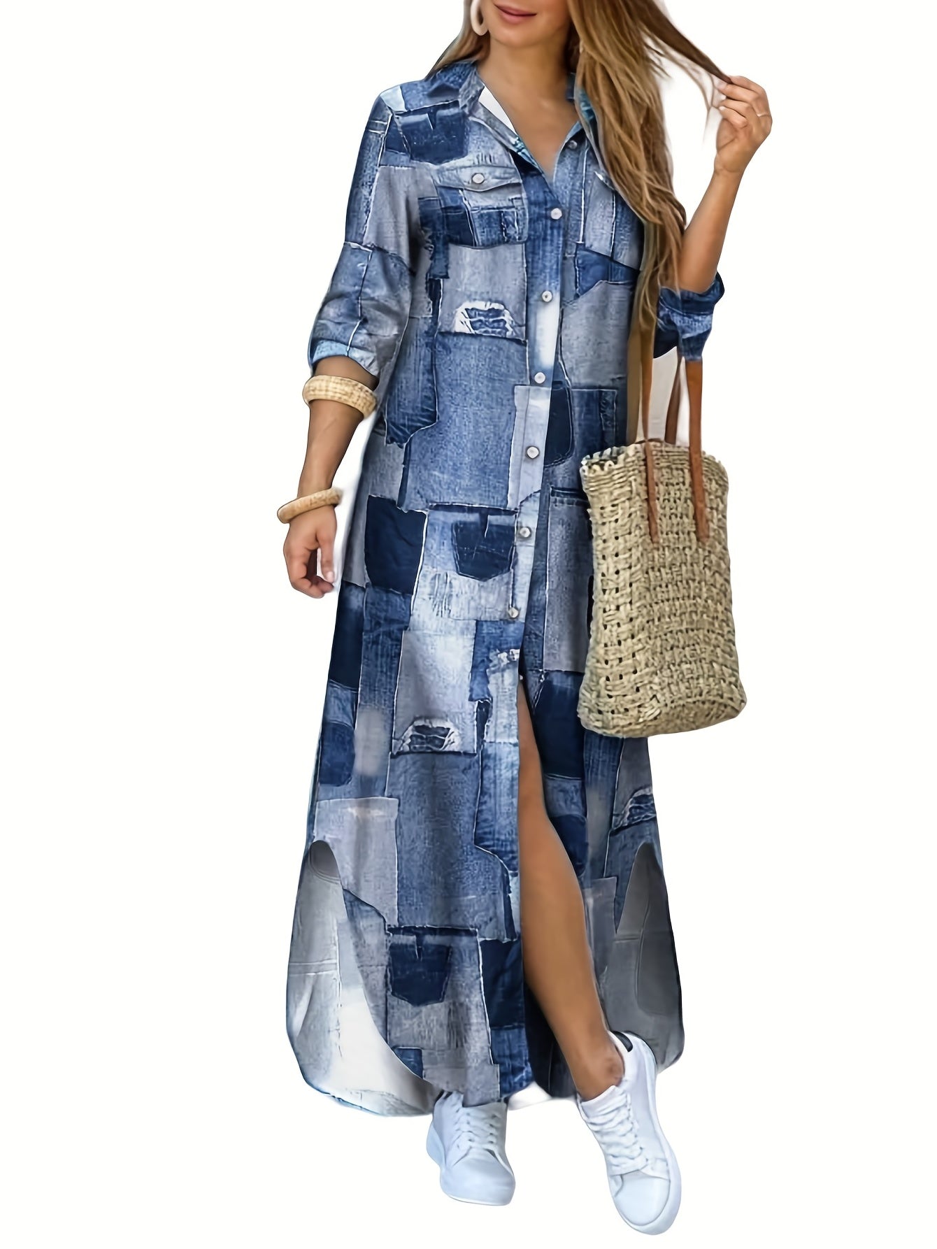 Denim Print Button Shirt Dress Casual Long Sleeve Dress