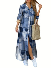 Denim Print Button Shirt Dress Casual Long Sleeve Dress
