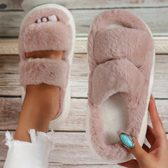 Platform Slippers Casual Double Strap Plush Slippers Comfortable