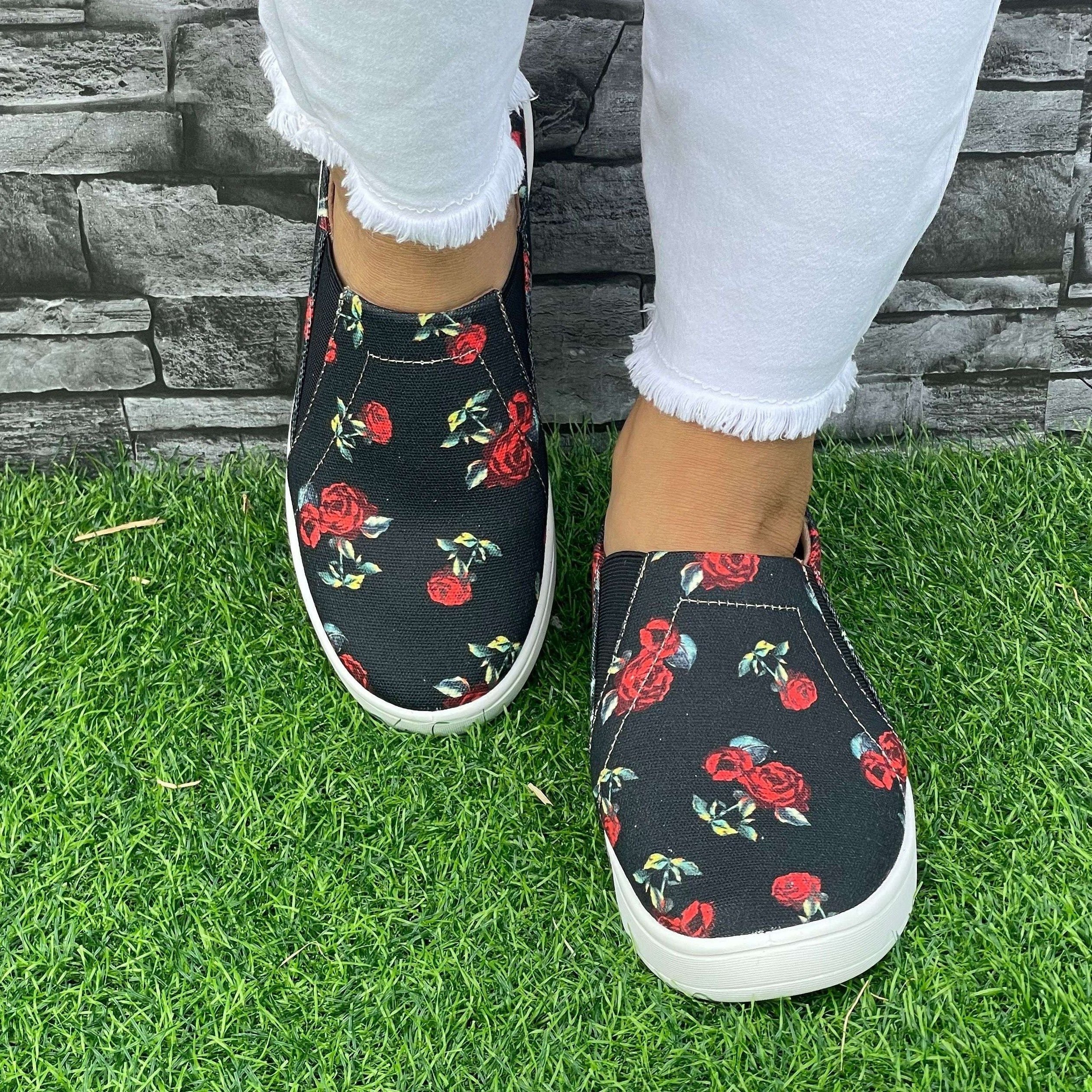 Rose Pattern Slip-On Flat Shoes Women's Casual Lightweight Shoes
