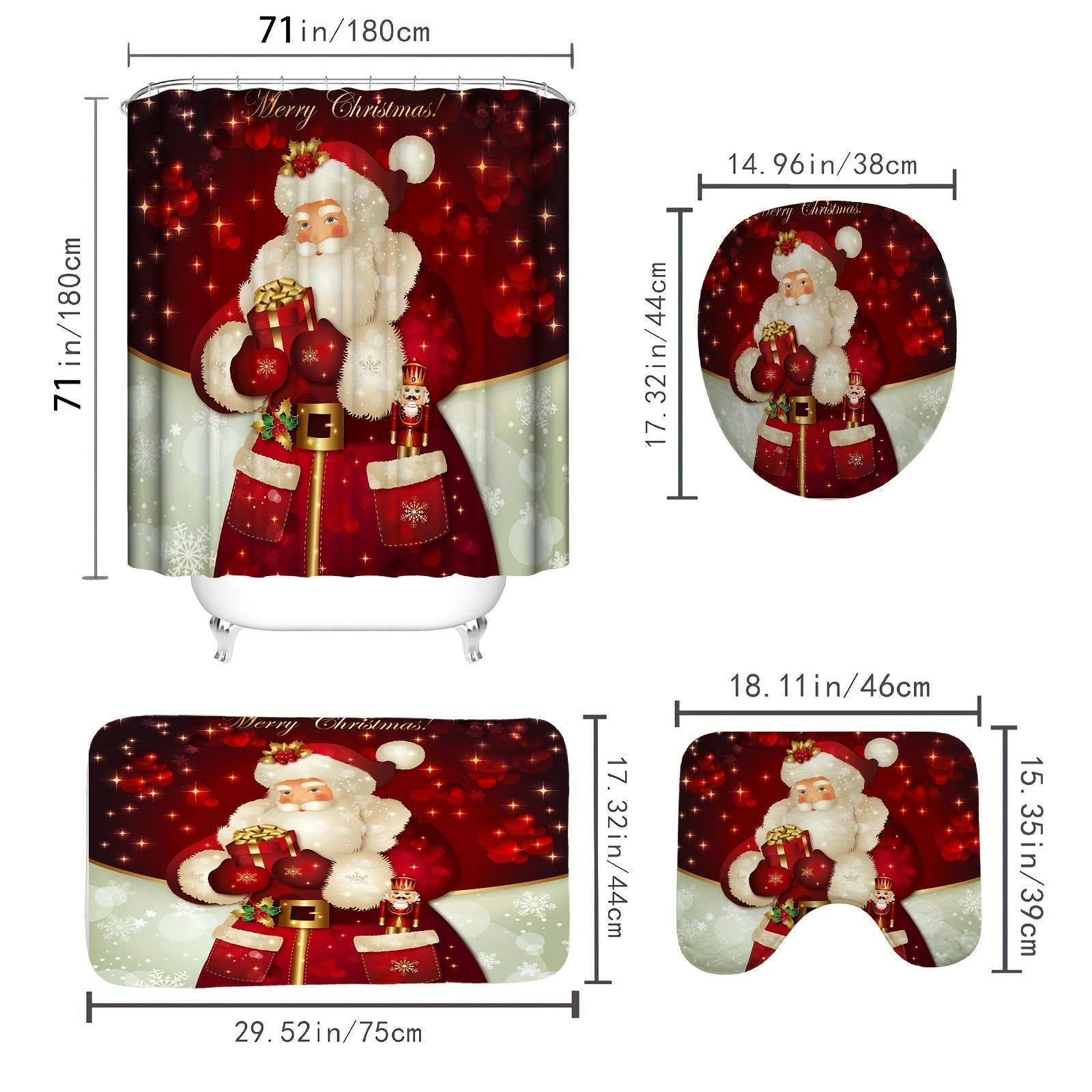 Christmas Santa Claus Shower Curtain Set Holiday Gift Snowflake Print