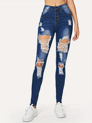 Distressed Skinny Jeans Button Fly Stretchy Denim Pants