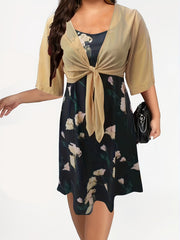 2-Piece Set Semi Sheer Knot Front Top & Floral Print Criss Cross Dress