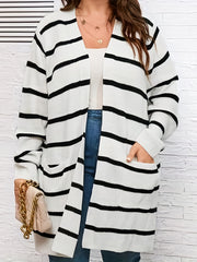 Stripe Print Open Front Cardigan With Pockets