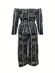 Geometric Print Off Shoulder Crop Top & Pants Set