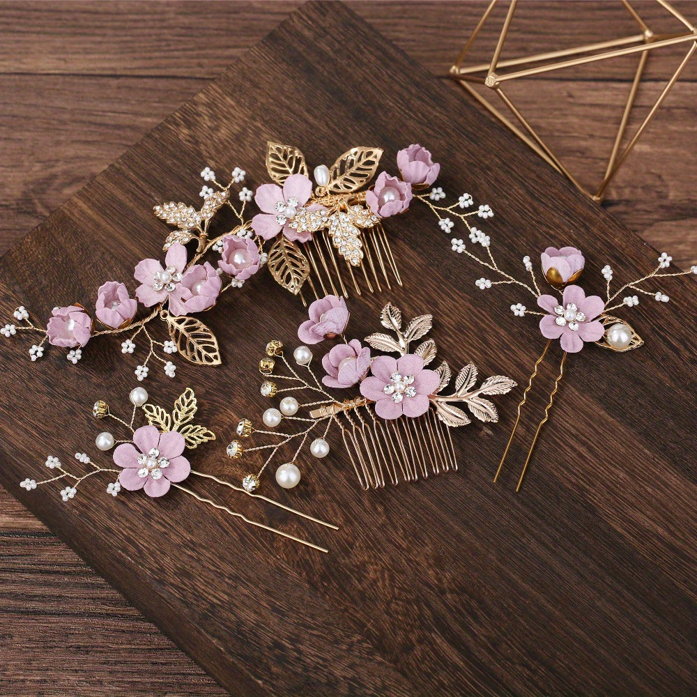 4pcs Flower Hairpin Faux Pearl Rhinestone U Shaped Hair Pin Hair Accessories