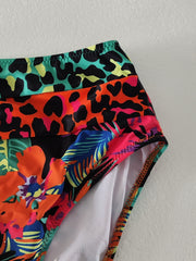 Leopard Floral 2 Piece Bikini V Neck High Waist Medium Stretch Swimsuit