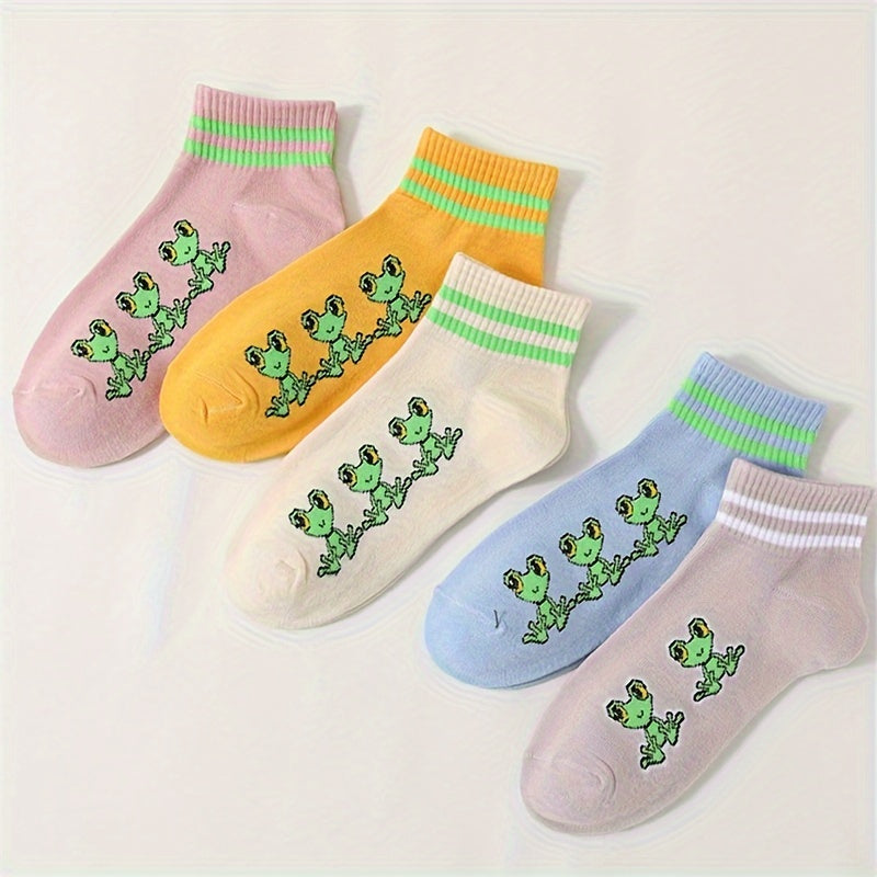 10 Pairs Cartoon Frog Print Socks Comfy & Short Women's Stockings