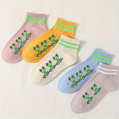 10 Pairs Cartoon Frog Print Socks Comfy & Short Women's Stockings