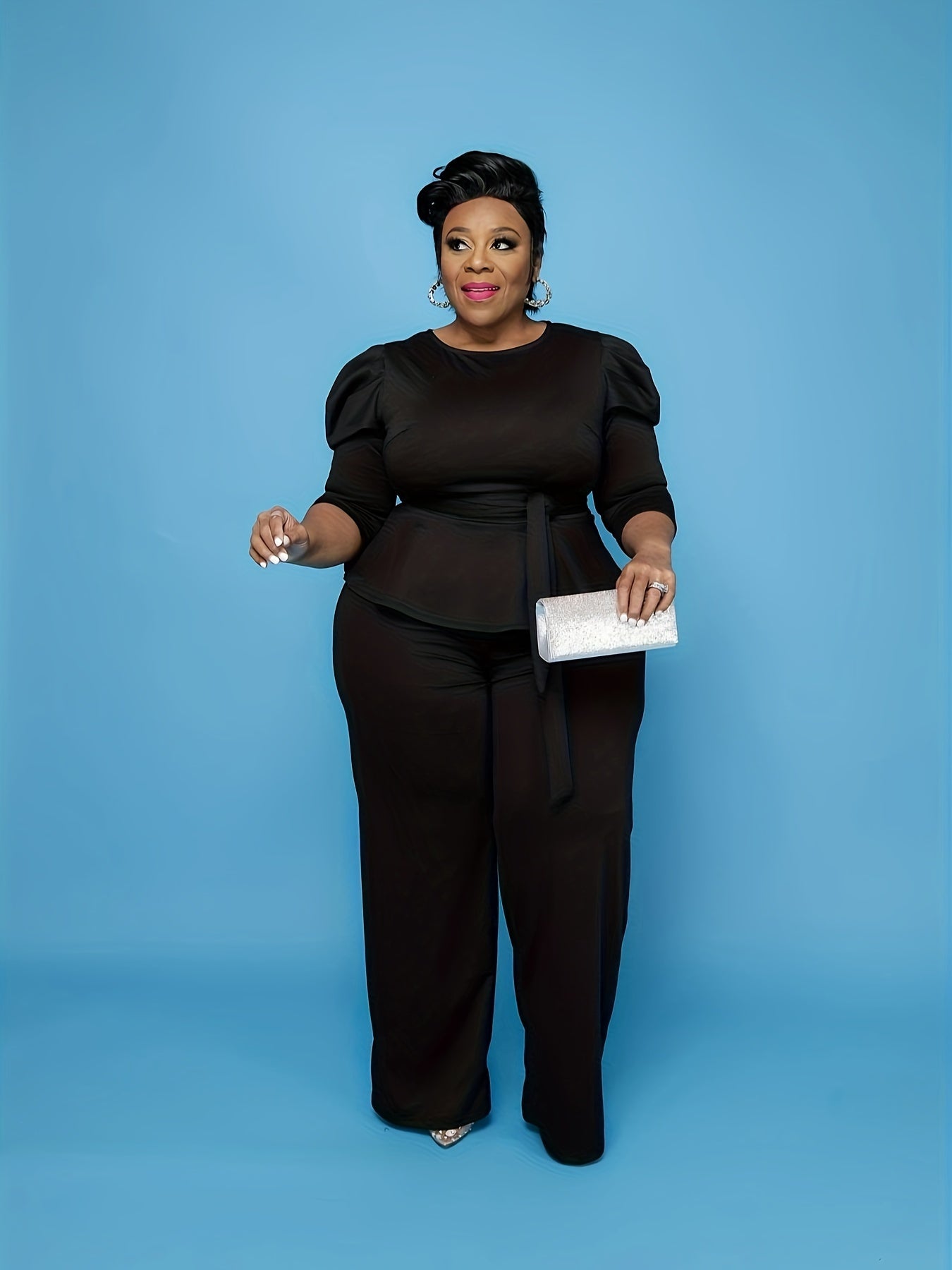 Solid Gigot Sleeve Peplum Top & Pants Set